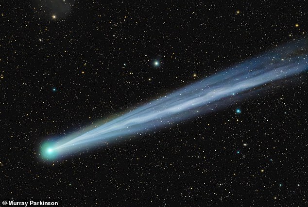 Shooting a star! Murray Parkinson's 2025 R3 PanSTARRS was cleverly created using 45 one-minute exposures aligned separately on the stars and the comet, then recombining the two images to create a realistic shooting comet