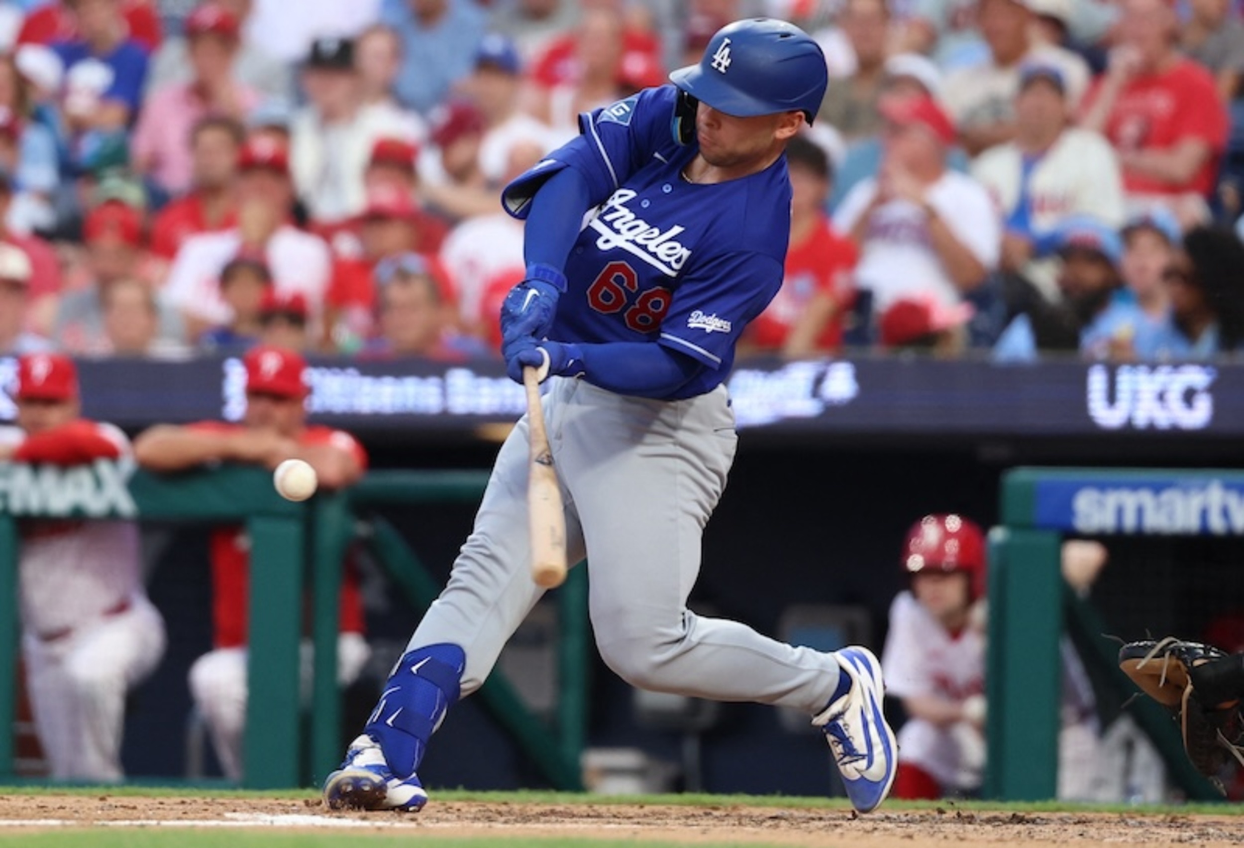 Jul 22, 2026; Philadelphia, Pennsylvania, USA; Los Angeles Dodgers catcher Dalton Rushing (68) hits a two RBI double against the Philadelphia Phillies during the fifth inning at Citizens Bank Park. Mandatory Credit: Bill Streicher-Imagn Images