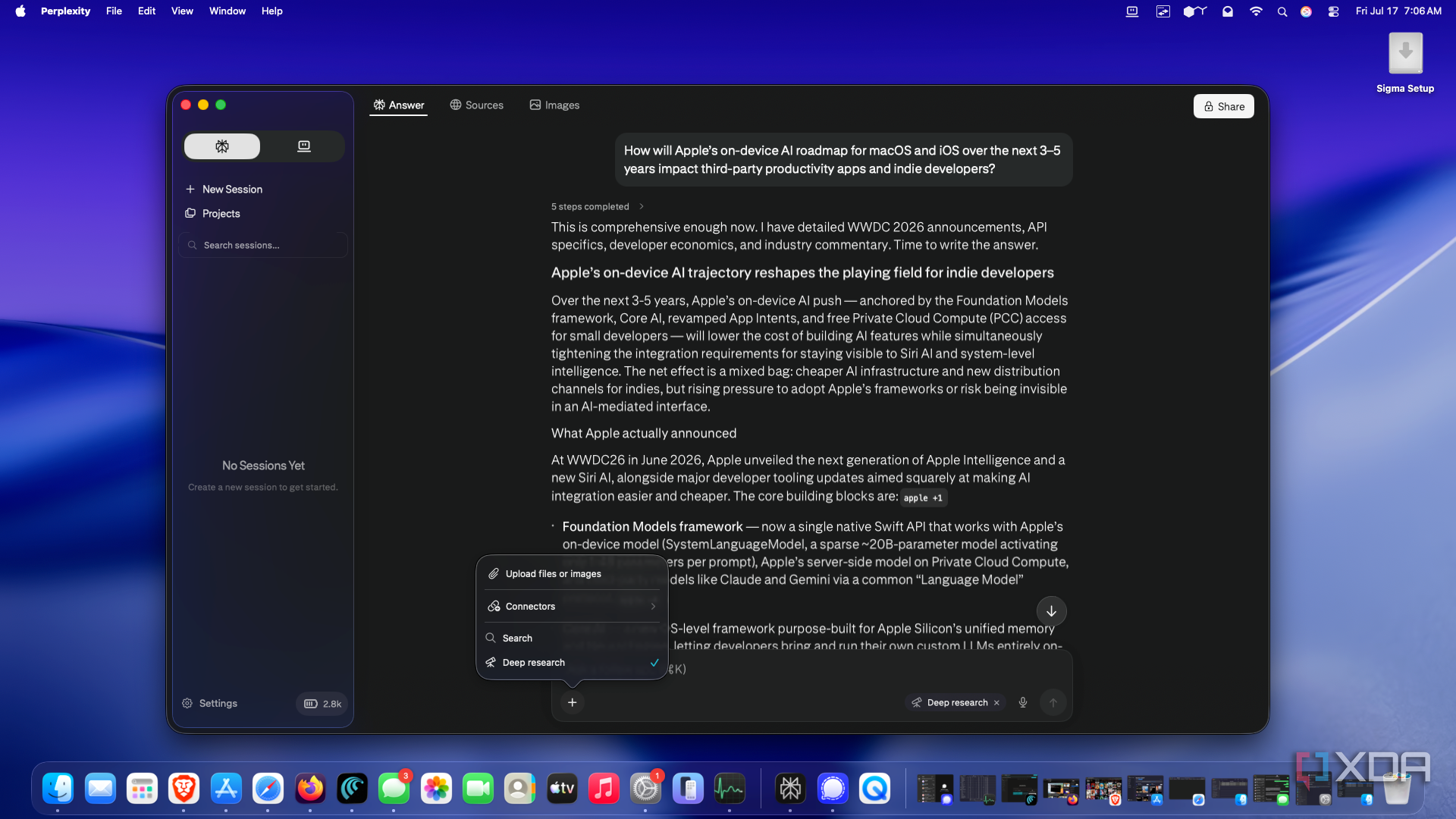 Shows Perplexity Deep Research query on macOS