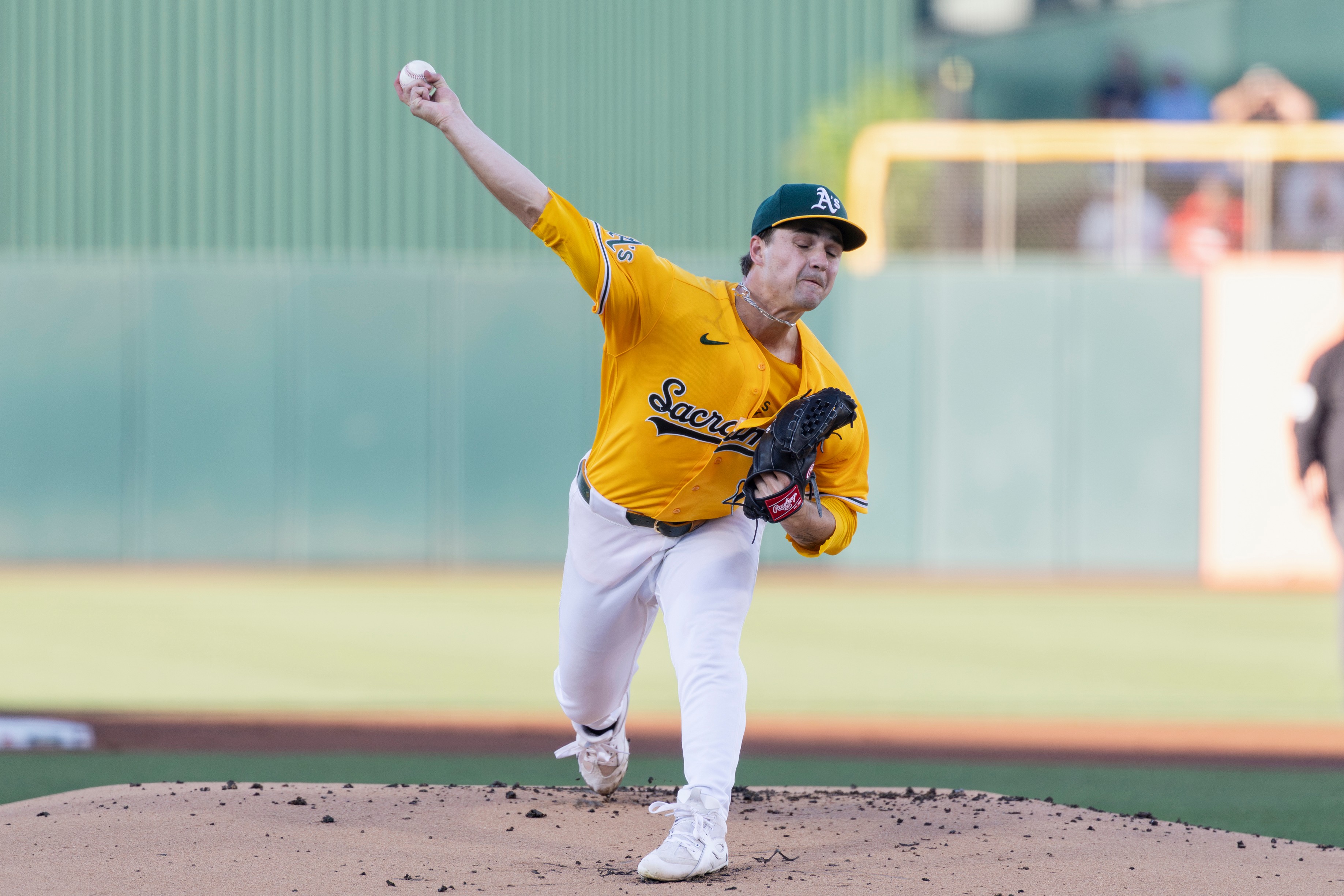 Athletics pitcher J.T. Ginn throws to the Washington Nationals during the first inning of a baseball game Saturday, July 18, 2026, in West Sacramento, Calif. (AP Photo/Sara Nevis)