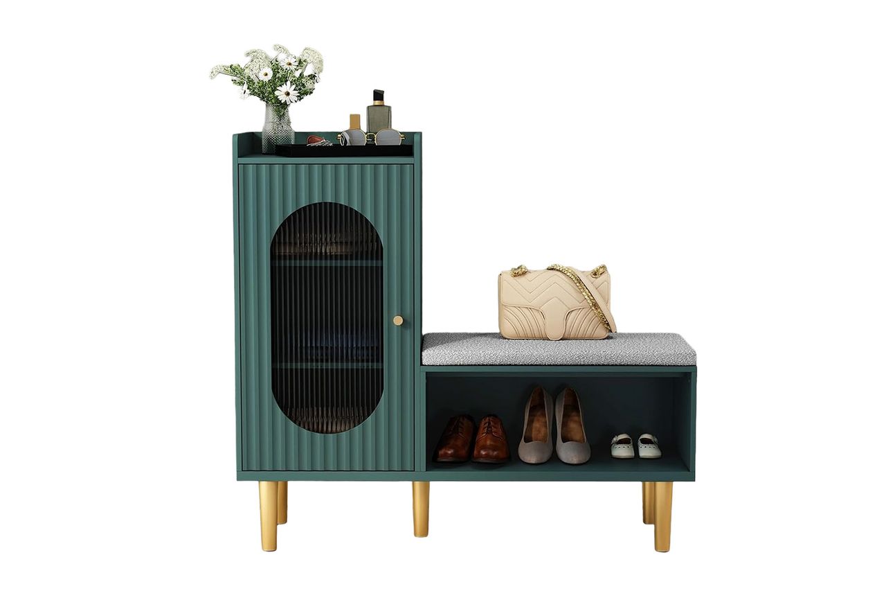 Storage Bench with Glass Door&Shelf