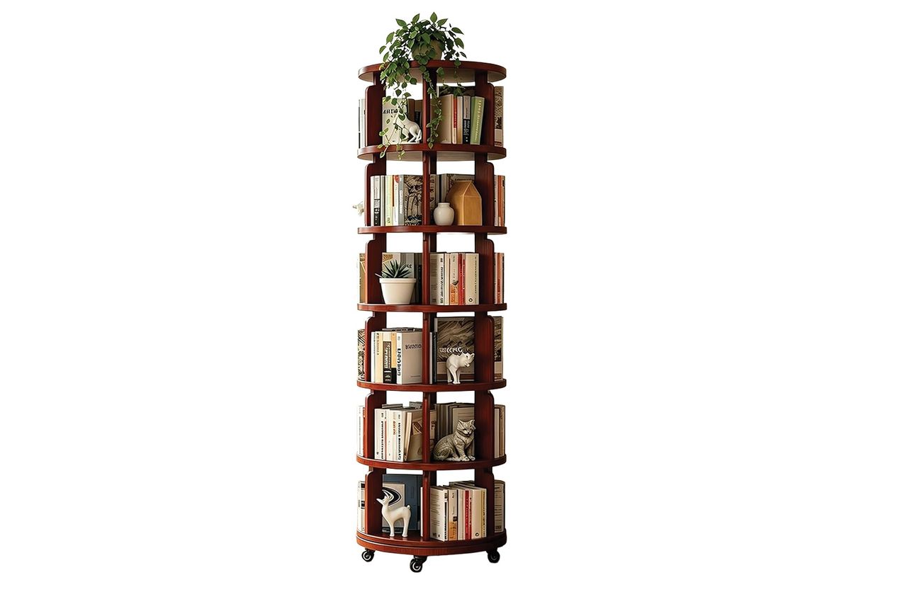 6 Tier 360° Rotating Solid Wood Bookshelf with Wheels