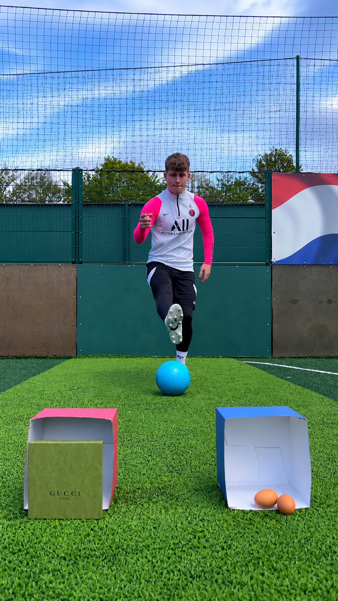 Blindfolded prize or forfeit soccer challenge