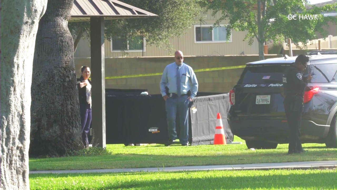 Homicide detectives investigate the scene after the nude body of Jose De Jesus Arriaga Loza, 63, was found at Rialto City Park in Rialto on July 19, 2026. (OC Hawk)