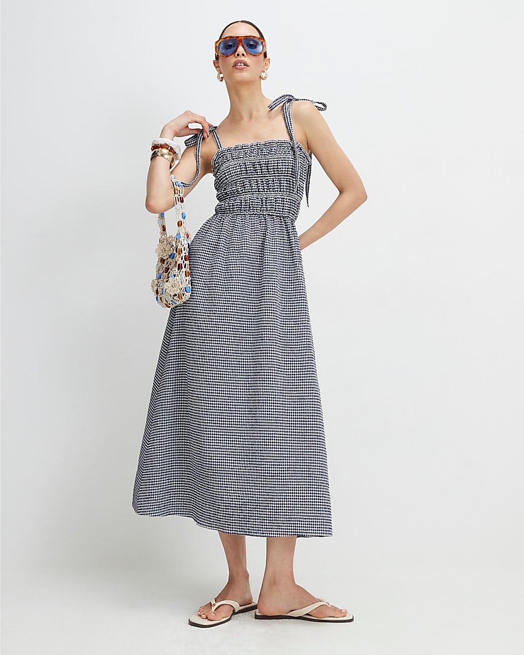 River Island Navy Gingham Cotton Blend Shirred Midi Dress