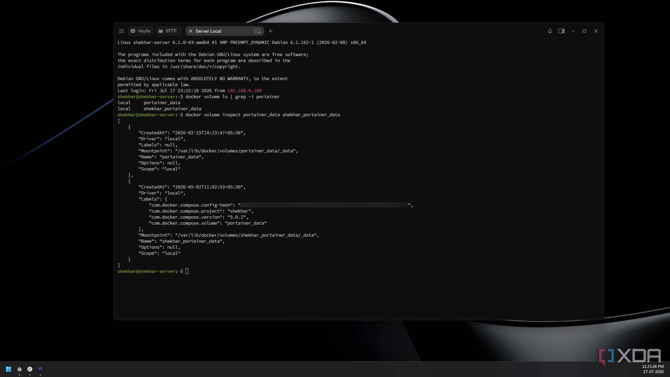 Terminal output comparing two Portainer volumes, showing different creation dates and one missing Compose labels