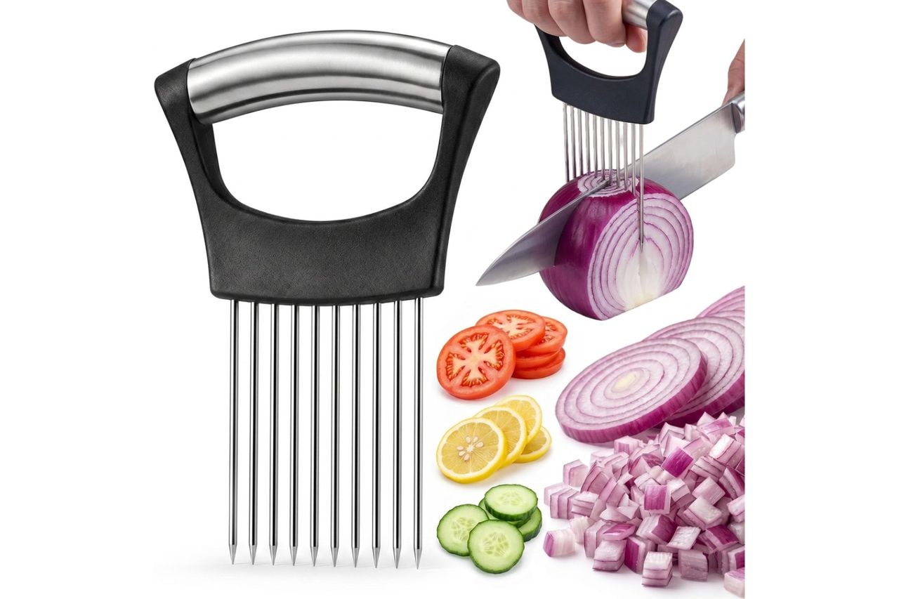 JAYVAR Onion Holder for Slicing, 304 Stainless Steel | 10 Long Needles, Vegetable Chopper, Food Slicing Guide, Multi-Purpose Cutter for Tomato Potato