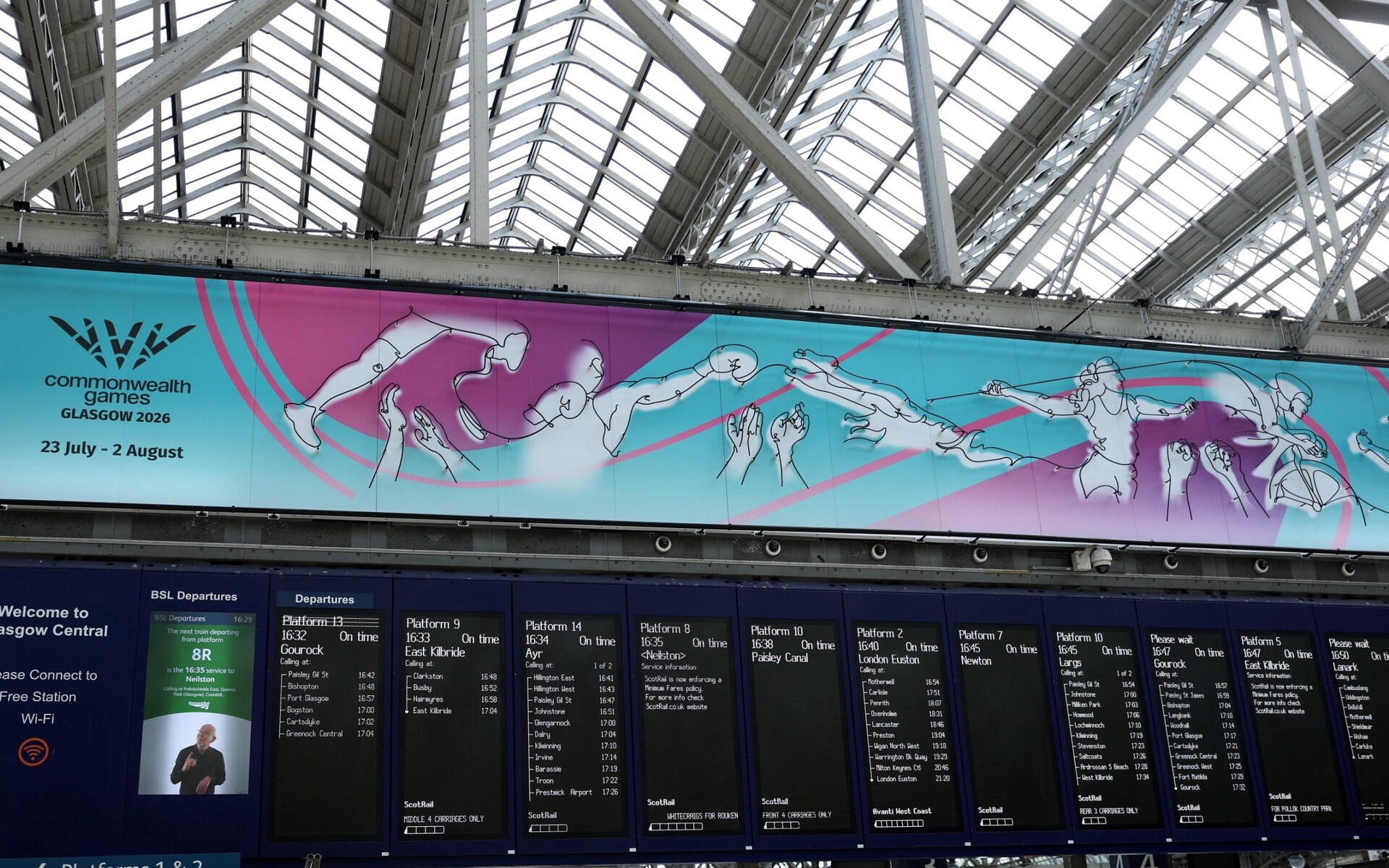 Glasgow 2026 Commonwealth Games branding is seen in Glasgow Central train station ahead of the Glasgow 2026 Commonwealth Games on July 22, 2026 in Glasgow