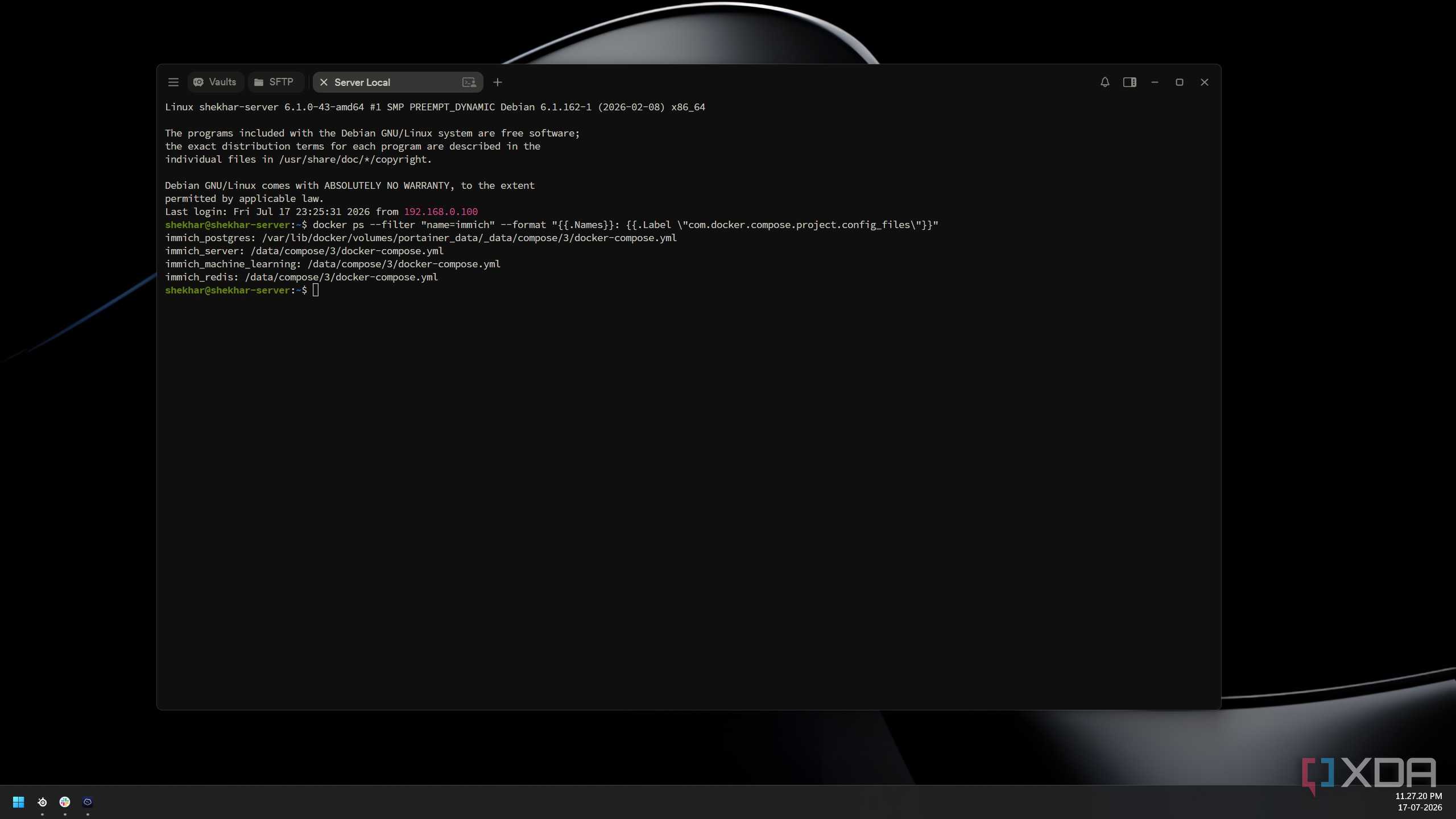 Terminal output showing the Immich Postgres container pointing to a different Compose file path than the rest of the stack