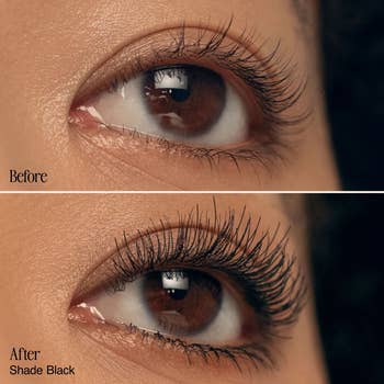 Close-up of an eye before and after applying mascara, showing longer and fuller eyelashes post-application