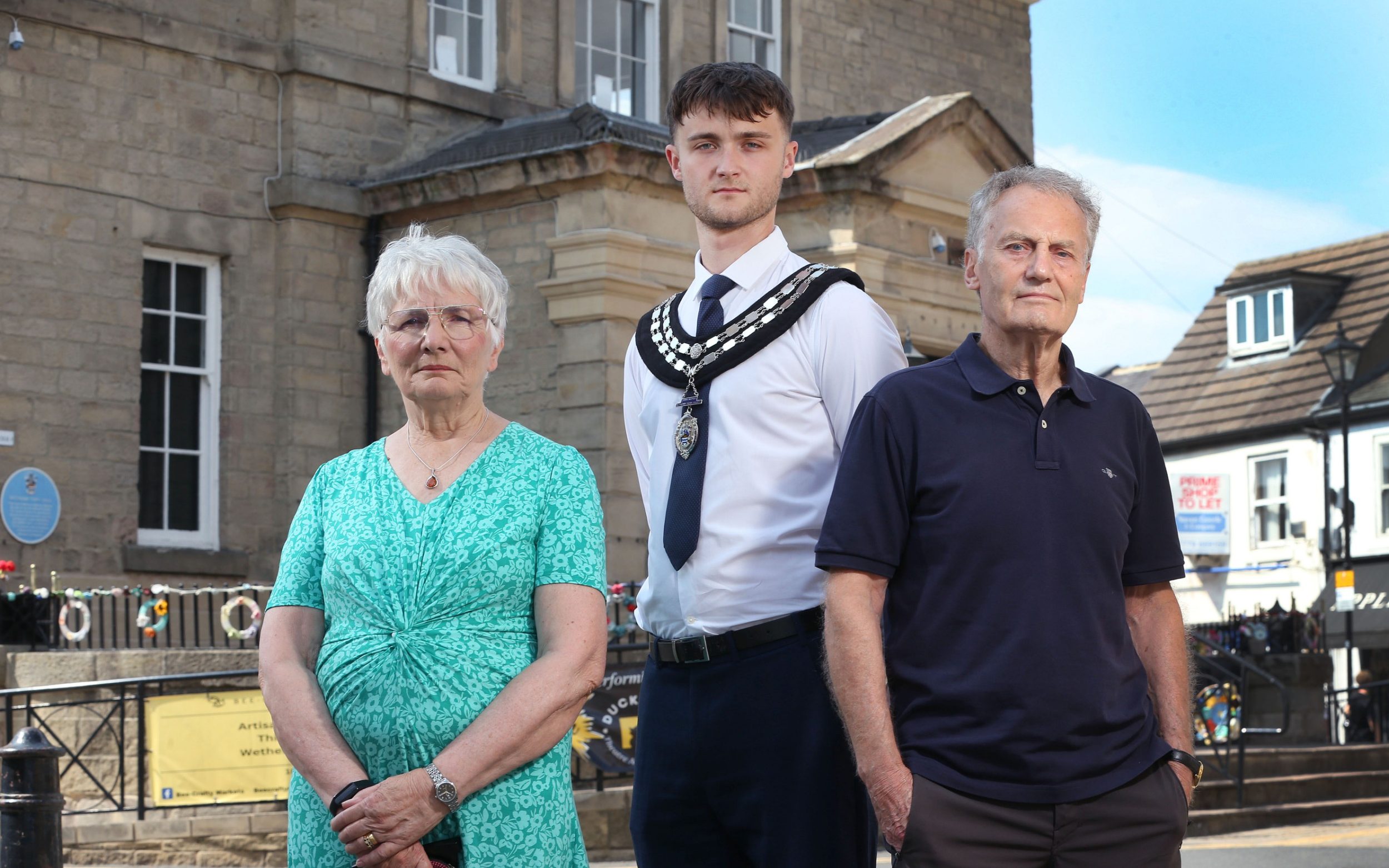 Picture shows the centre of the town with resident Ingrid McLaughlin, Mayor of Wetherby, Connor Mulhall, and Brian Taylor of Better Wetherby, outside the Town Hall
