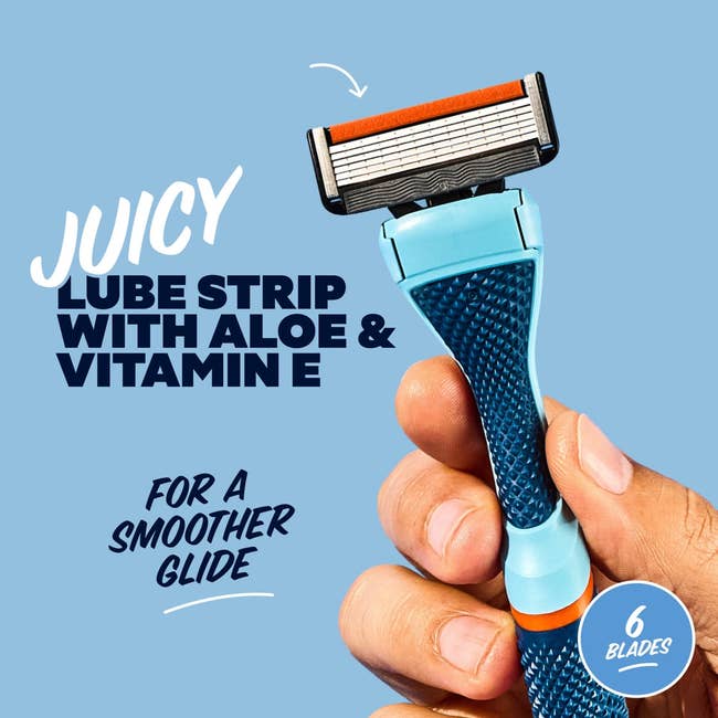 A hand holds a six-blade razor with a lube strip featuring aloe and vitamin E for smoother shaving. Text highlights the product benefits