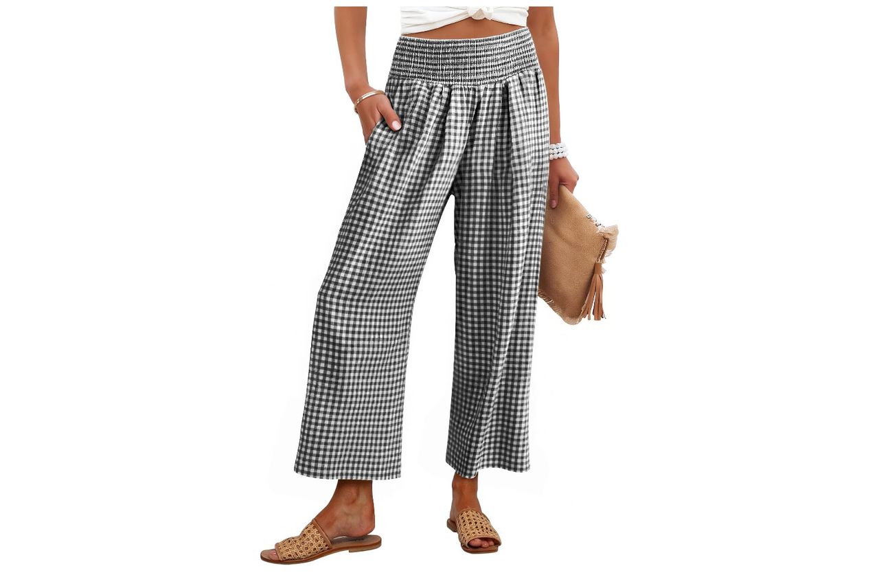 ANRABESS Women Striped Gingham Wide Leg Palazzo Pants Casual Lounge Cropped PJ Bottoms Comfy Cute Plaid Pants with Pockets