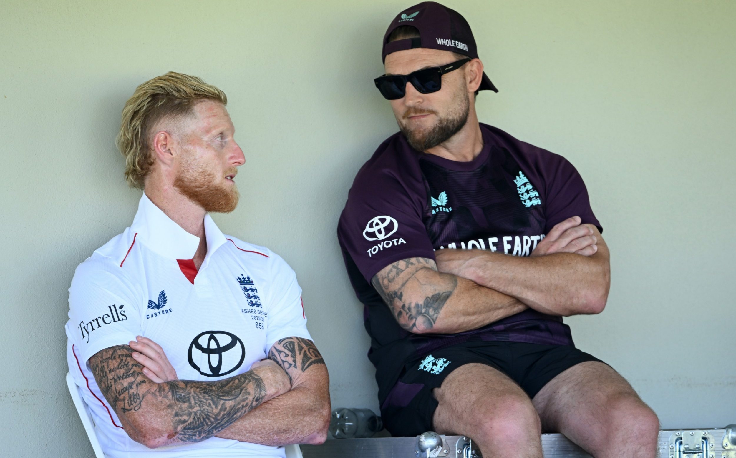 England captain Ben Stokes speaks with Brendan McCullum during the practice match between England and the Lions at Lilac Hill on November 15, 2025 in Perth, Australia