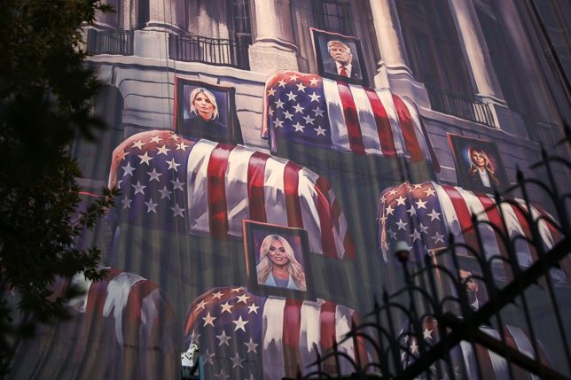 TEHRAN, IRAN - JULY 16: (??RESTRICTIONS: NO Access Israel Media/Persian Language TV Stations Outside Iran/Strictly No Access BBC Persian/VOA Persian/Manoto TV/Iran International TV????) An anti-U.S. banner featuring photographs of U.S. President Donald Trump over coffin draped in the American flag with the Persian inscription 'Blood for blood' is displayed at Palestine Square in Tehran, Iran, on July 16, 2026. (Photo by Fatemeh Bahrami/Anadolu via Getty Images)