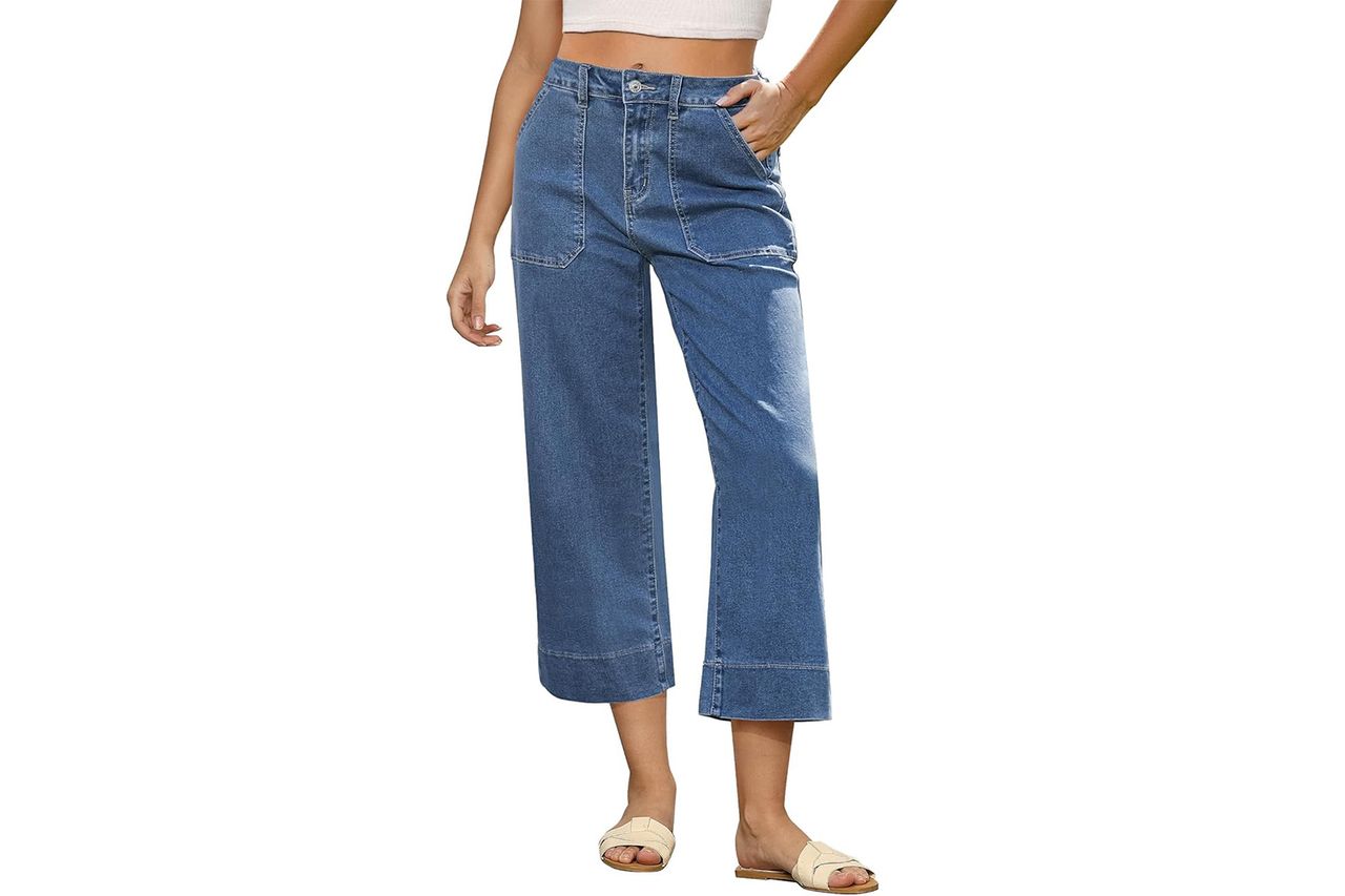 GRAPENT Capri Jeans for Women High Waisted Wide Leg Trendy Strechy Loose Straight Cropped Denim Jeans Pants with Pockets