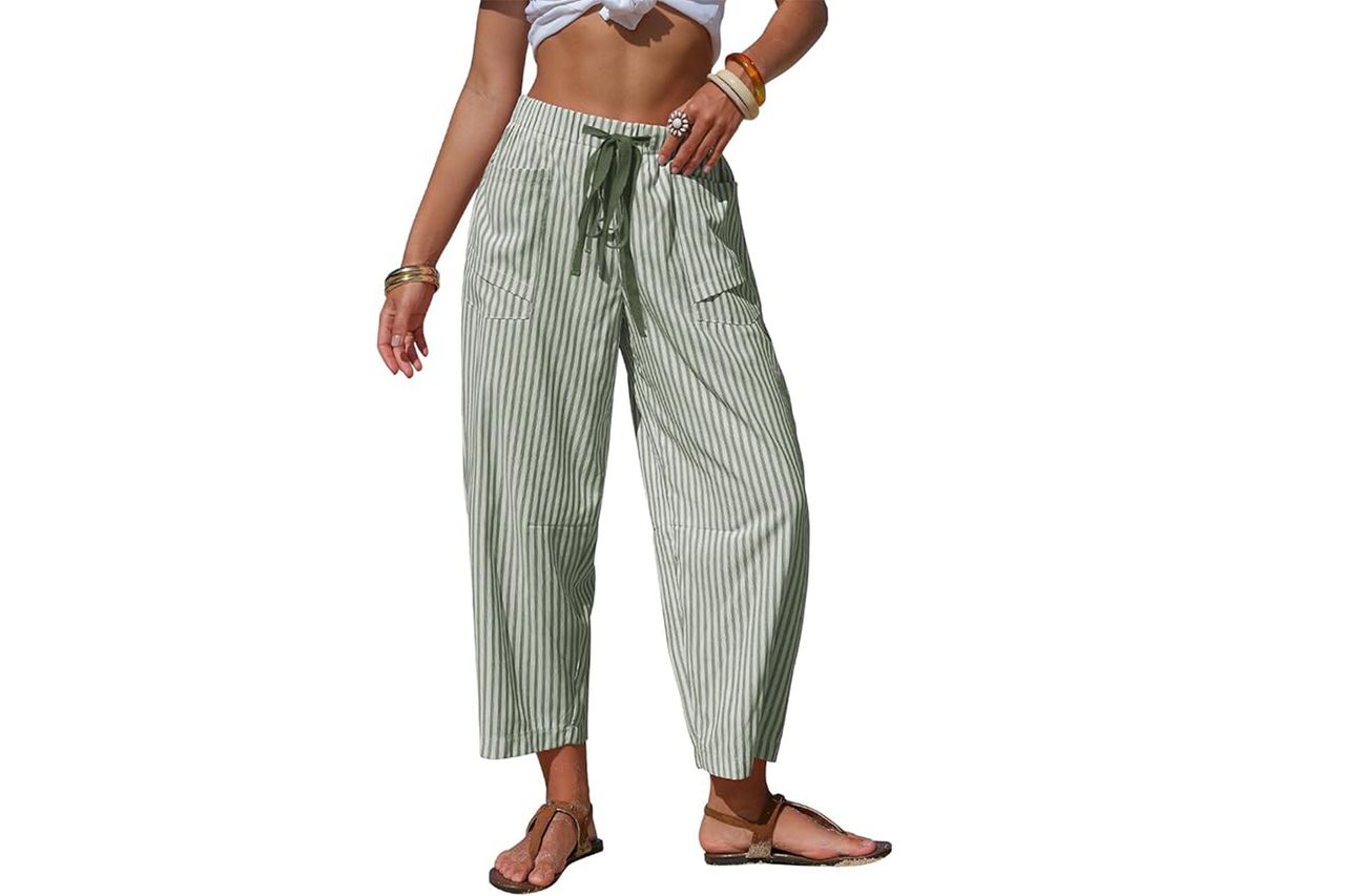 EXLURA Summer Faux Linen Striped Barrel Pants