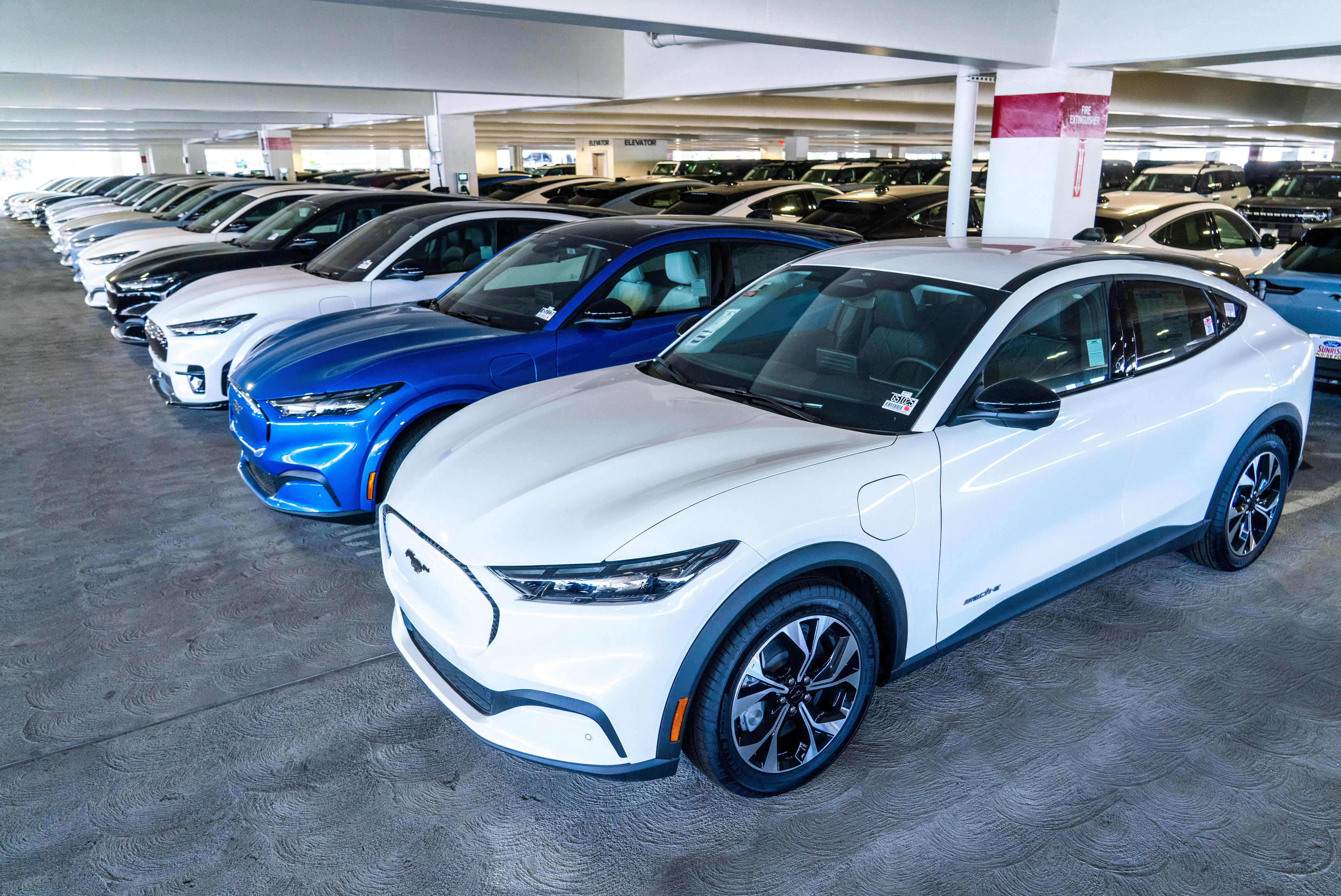 A row of electric Ford Mustang Mach-E SUVs is insider a parking lot.