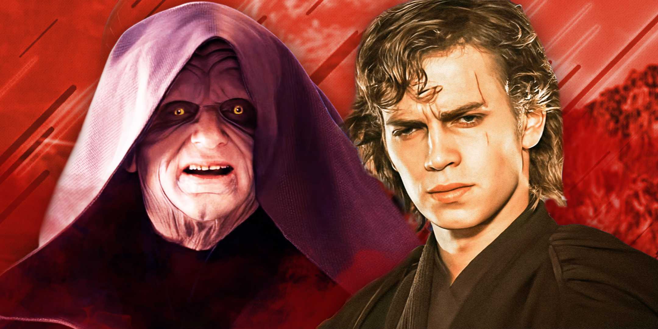 Emperor Palpatine/Darth Sidious to the left and Anakin Skywalker to the right, both from Revenge of the Sith in front of a red background