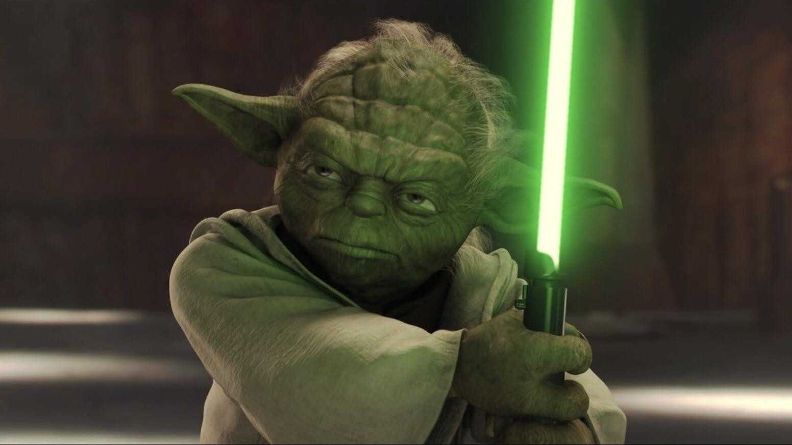 Yoda holding his lightsaber in Star Wars: Episode II - Attack of the Clones