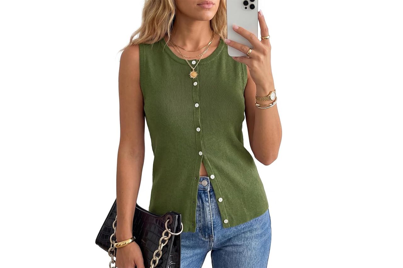 Arach&Cloz Women's Wool Blend Non See Through Button Down Business Casual Tank Tops