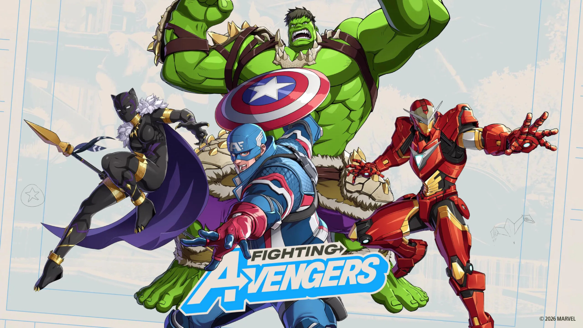 Marvel Tōkon: Fighting Souls - Official artwork showcasing the Fighting Avengers team, with Captain Amercia, Black Panther, Hulk, and Iron Man.