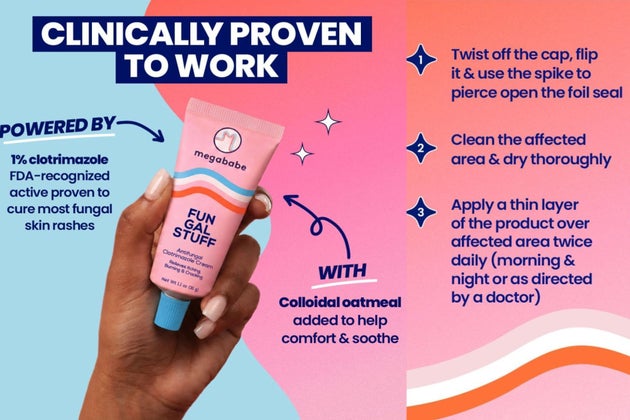Apply the Megababe Fun Gal Stuff anti-fungal cream to areas like under the breast, inner thighs and anywhere you have skin folds.