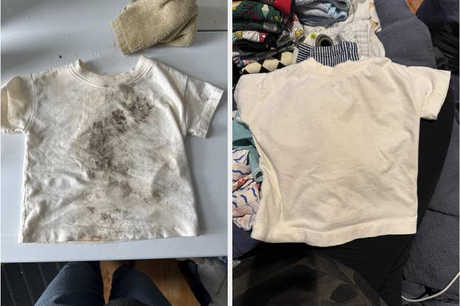 Comparison of two toddler t-shirts: one dirty, the other clean