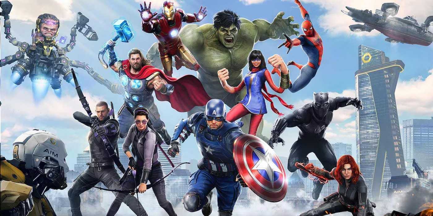 Marvel's Avengers's PS5 Thumbnail featuring the full playable character lineup (pre-Winter Soldier), and the game's main antagonist MODOK