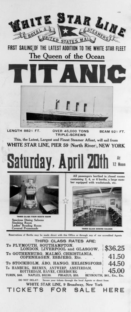 Vintage Titanic poster advertising its first voyage on April 20th, listing travel routes and third-class rates