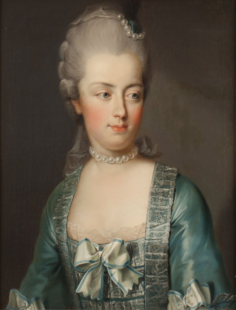18th-century style portrait of a woman in an ornate dress with lace and bows, wearing a pearl necklace and an intricate hairstyle