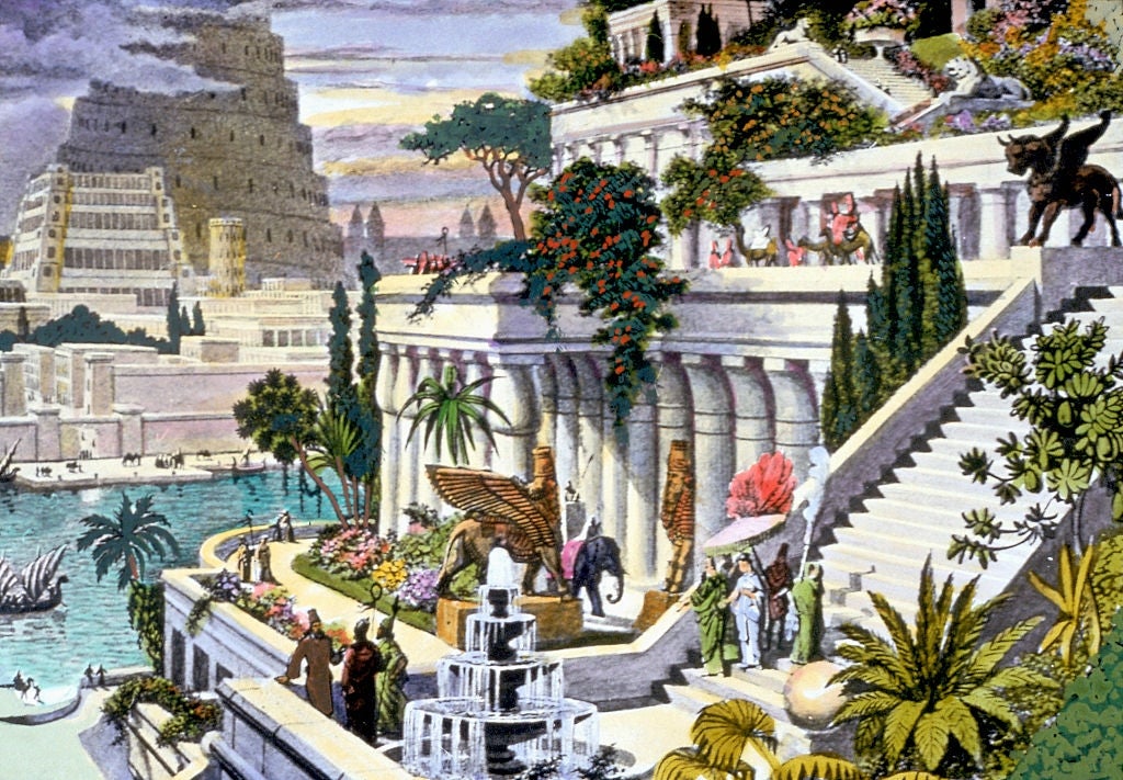Illustration of the Hanging Gardens of Babylon, featuring lush plants, figures in ancient attire, and a ziggurat in the background