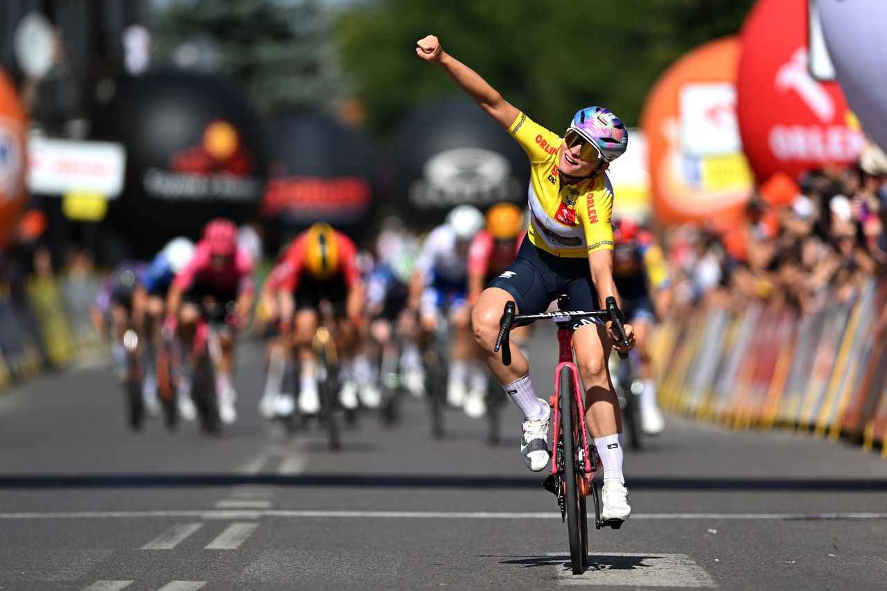 Chiara Consonni (Canyon-SRAM) celebrates at the finish line of the 2025 Tour de Pologne Women in 2025 (Photo by Szymon Gruchalski/Getty Images)