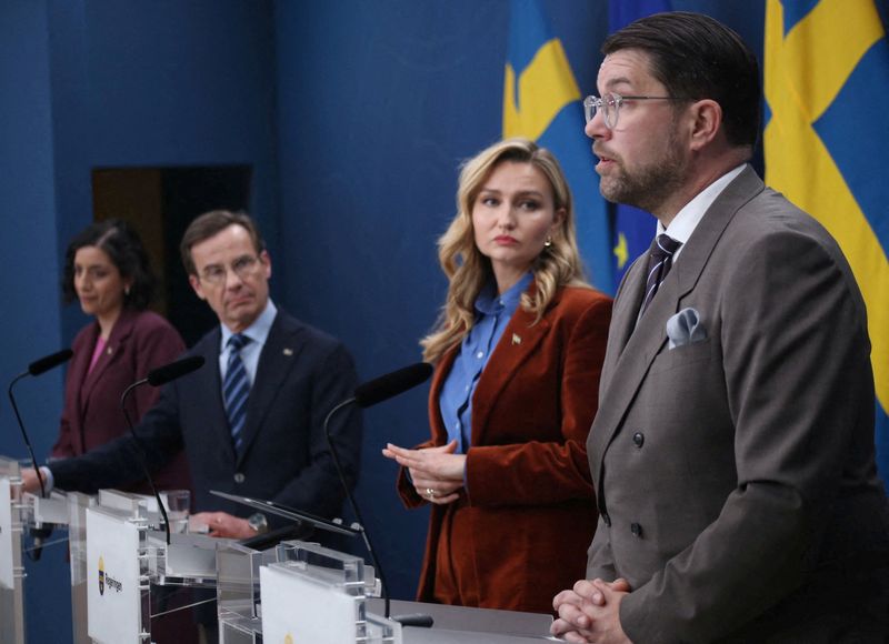 FILE PHOTO: Prime Minister Ulf Kristersson and ministers attend a press conference in Stockholm