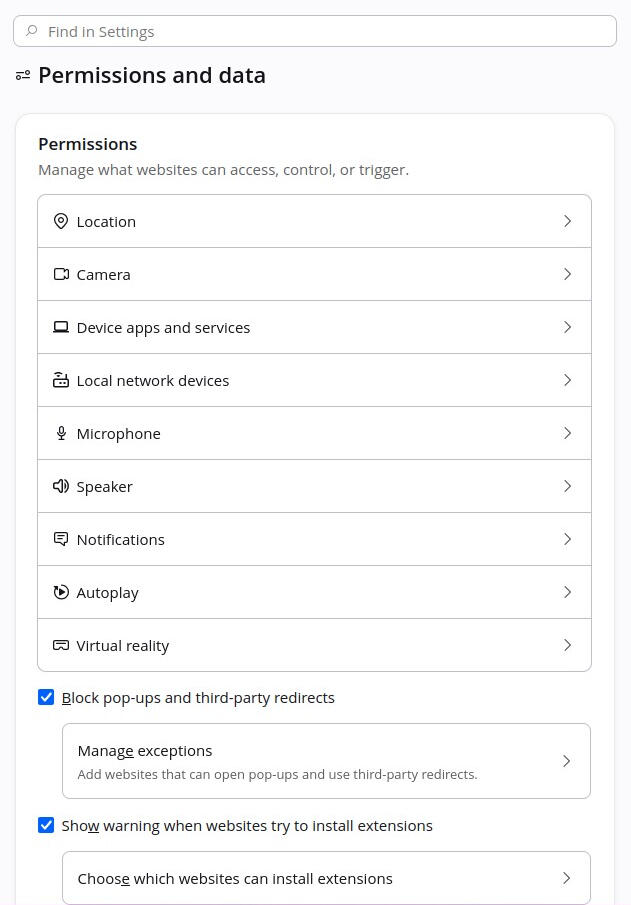 You can enable/disable permissions on a per-site basis here.