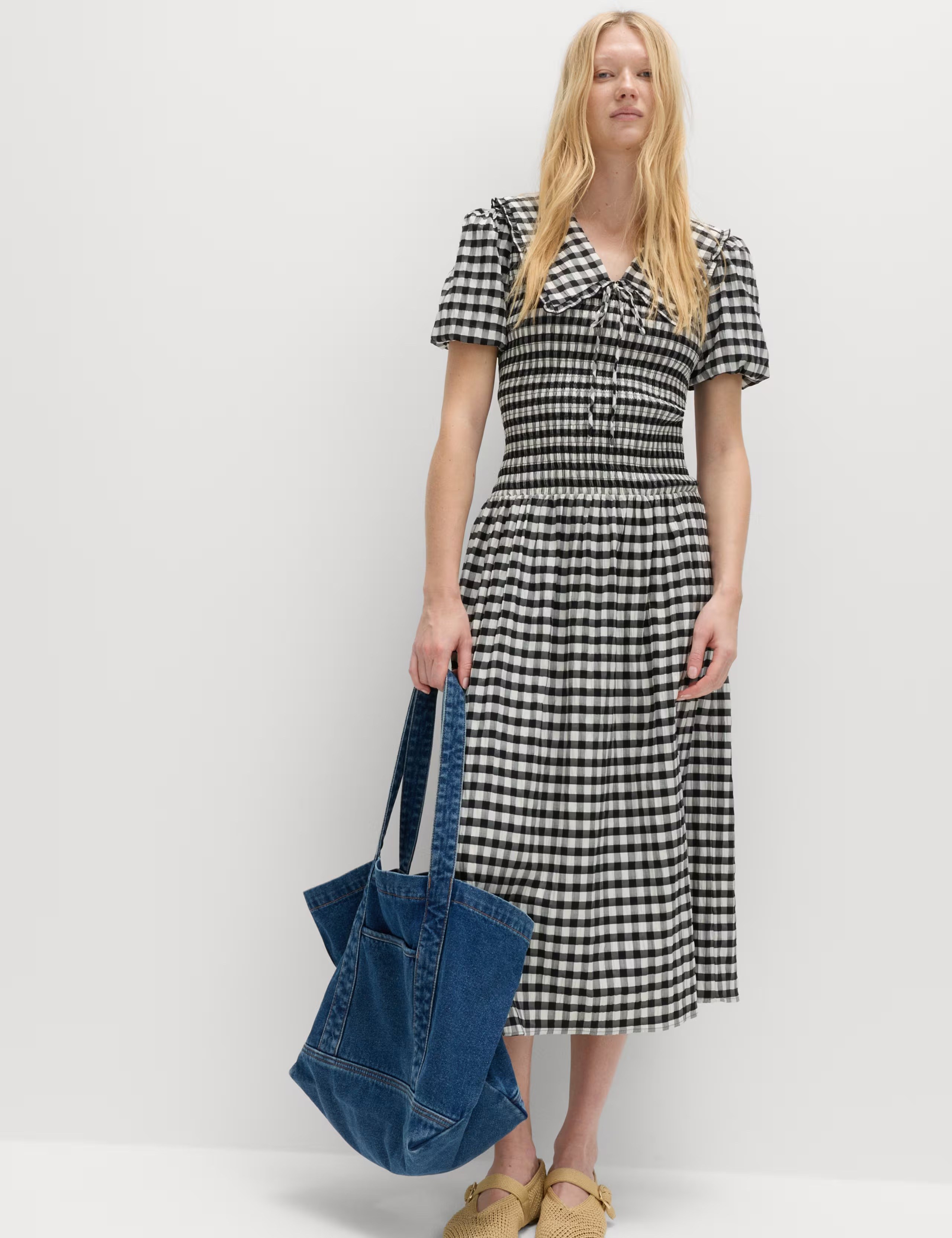 M&S Cotton Blend Gingham Dropped Waist Midi Dress