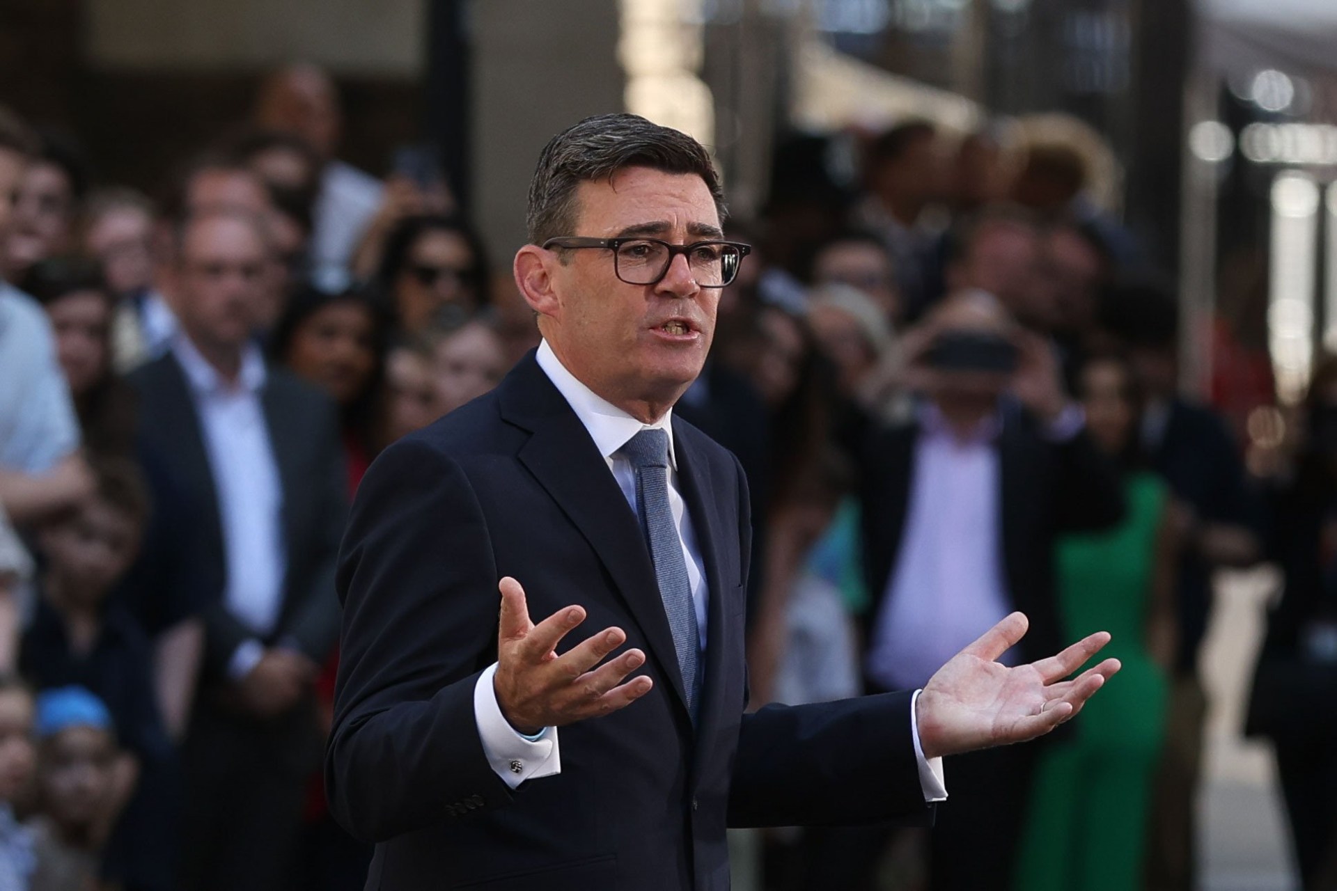 Britain's new Prime Minister Andy Burnham delivers his first speech outside 10 Downing Street.