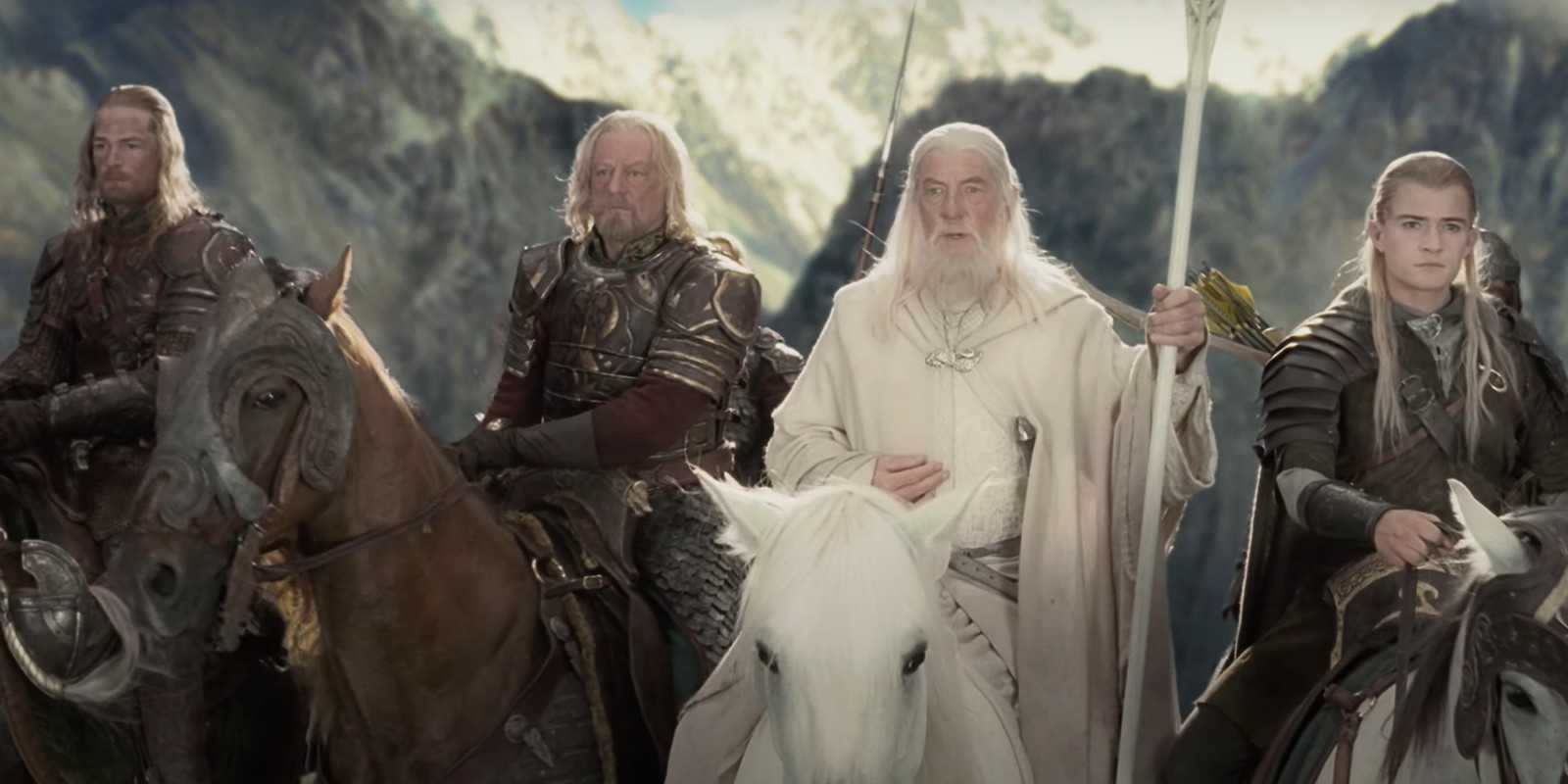 Legolas, Gandalf, Theoden and a Rider of Rohan after the Battle of Helm's Deep
