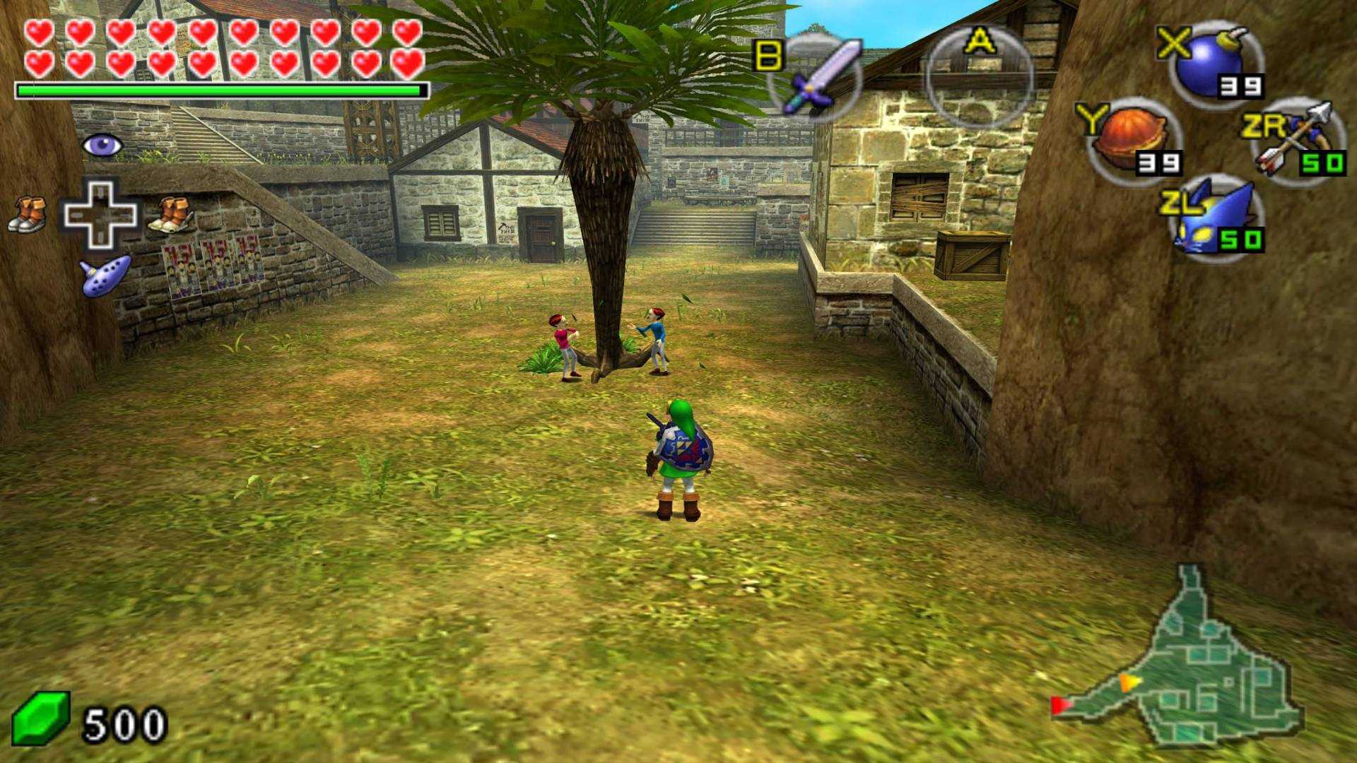 Link standing in a town near a tree in Ocarina of Time 3D.
