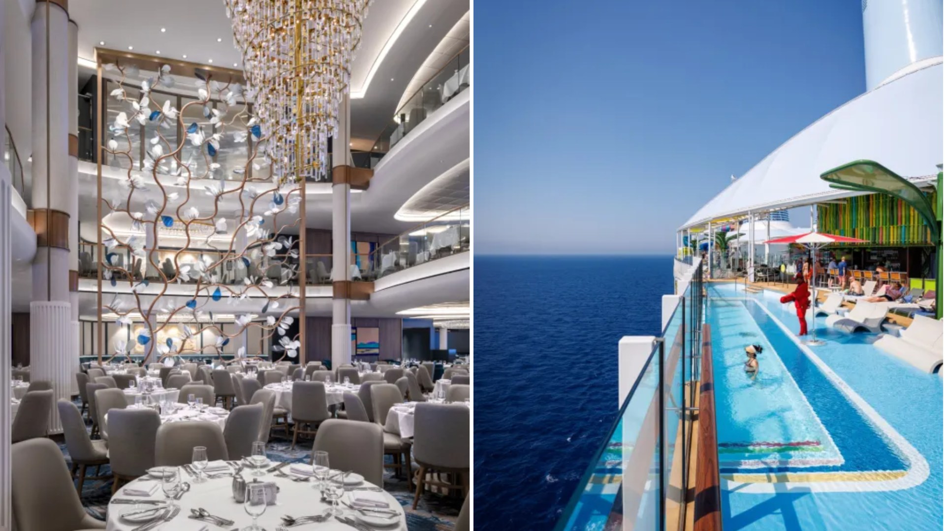 Side by side views of the cruise ship, showing the main dining room and one of the seven pools on Legend of the Seas.