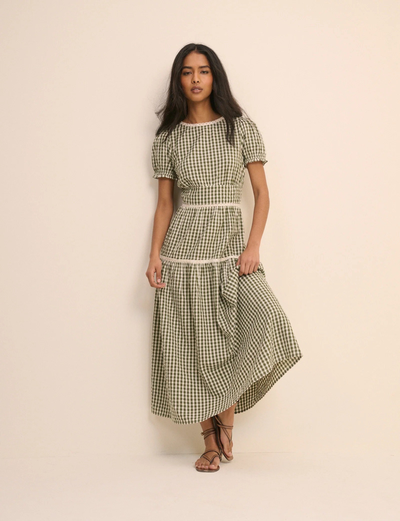 Nobody’s Child Green Gingham Lace Trim Dara Midi Dress
