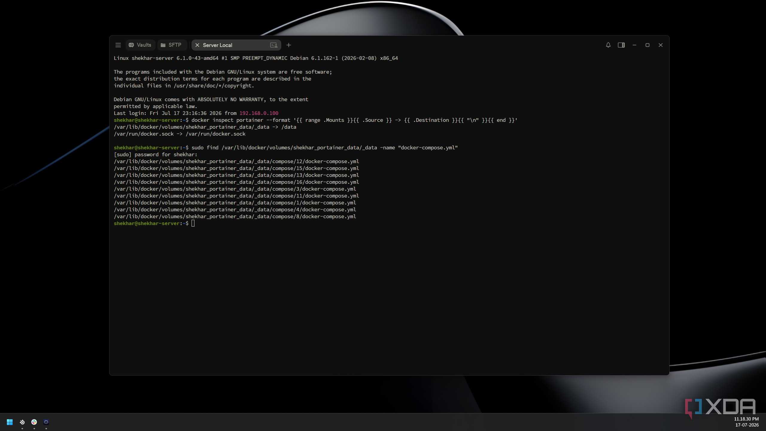 Terminal output showing the sudo find command locating only nine of the expected docker-compose.yml files