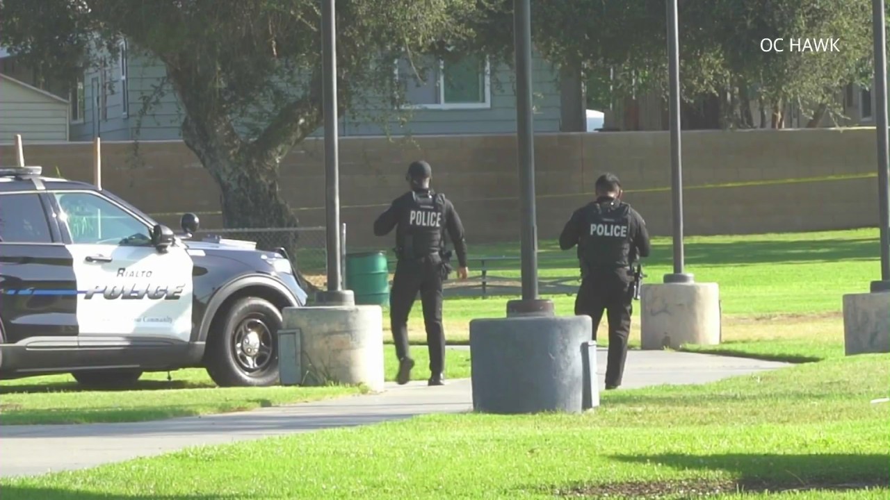 Homicide detectives investigate the scene after the nude body of Jose De Jesus Arriaga Loza, 63, was found at Rialto City Park in Rialto on July 19, 2026. (OC Hawk)