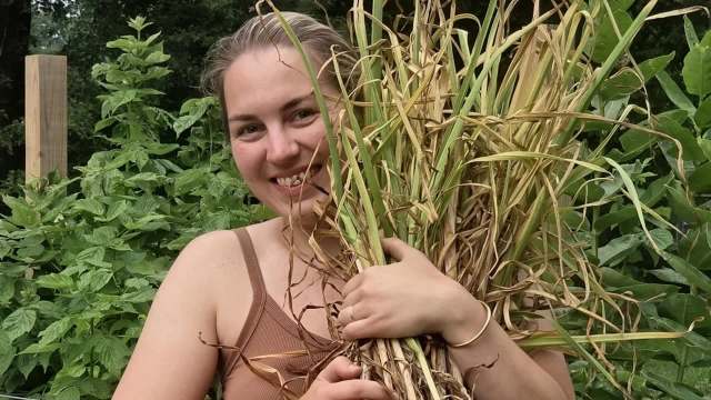A smiling woman holds a large bundle of dried plants in a lush garden setting.