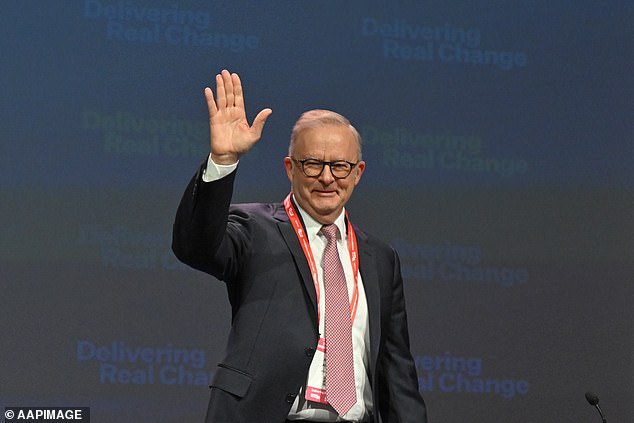 Anthony Albanese (pictured) did not mention Israel or Palestine in his speech to party faithful