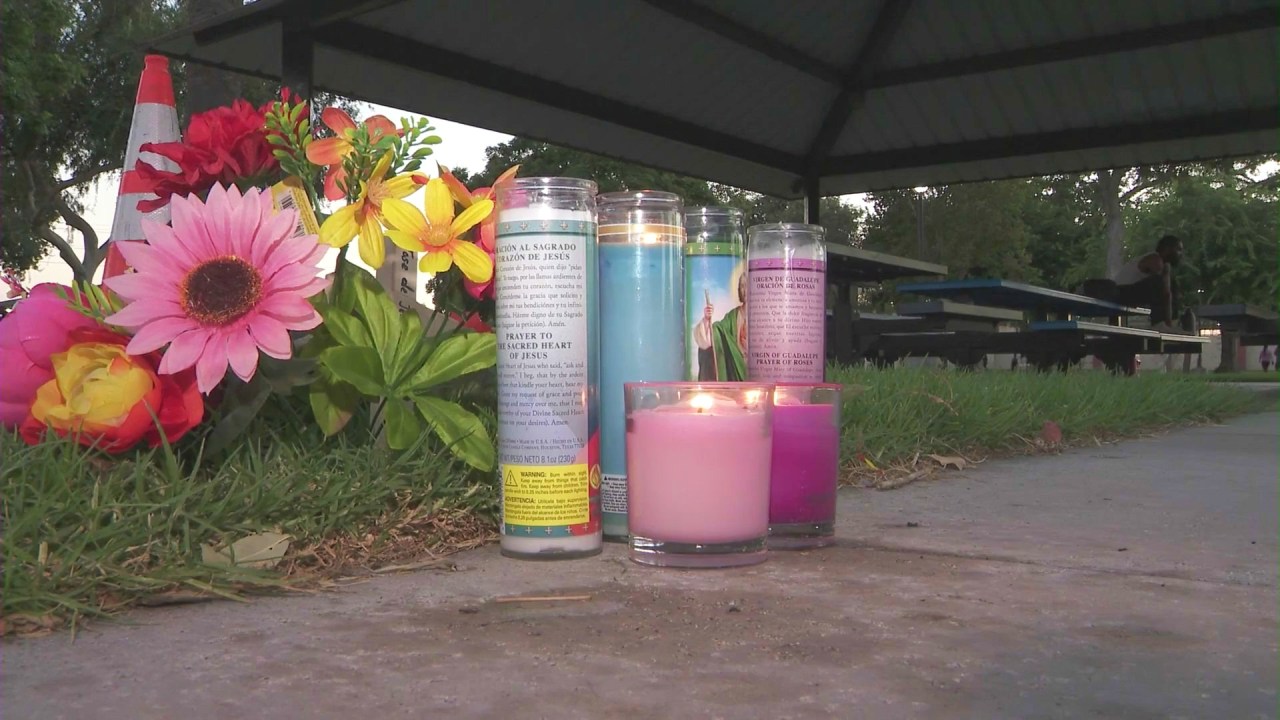 A makeshift memorial is seen at Rialto City Park in remembrance of Jose De Jesus Arriaga Loza. (KTLA)