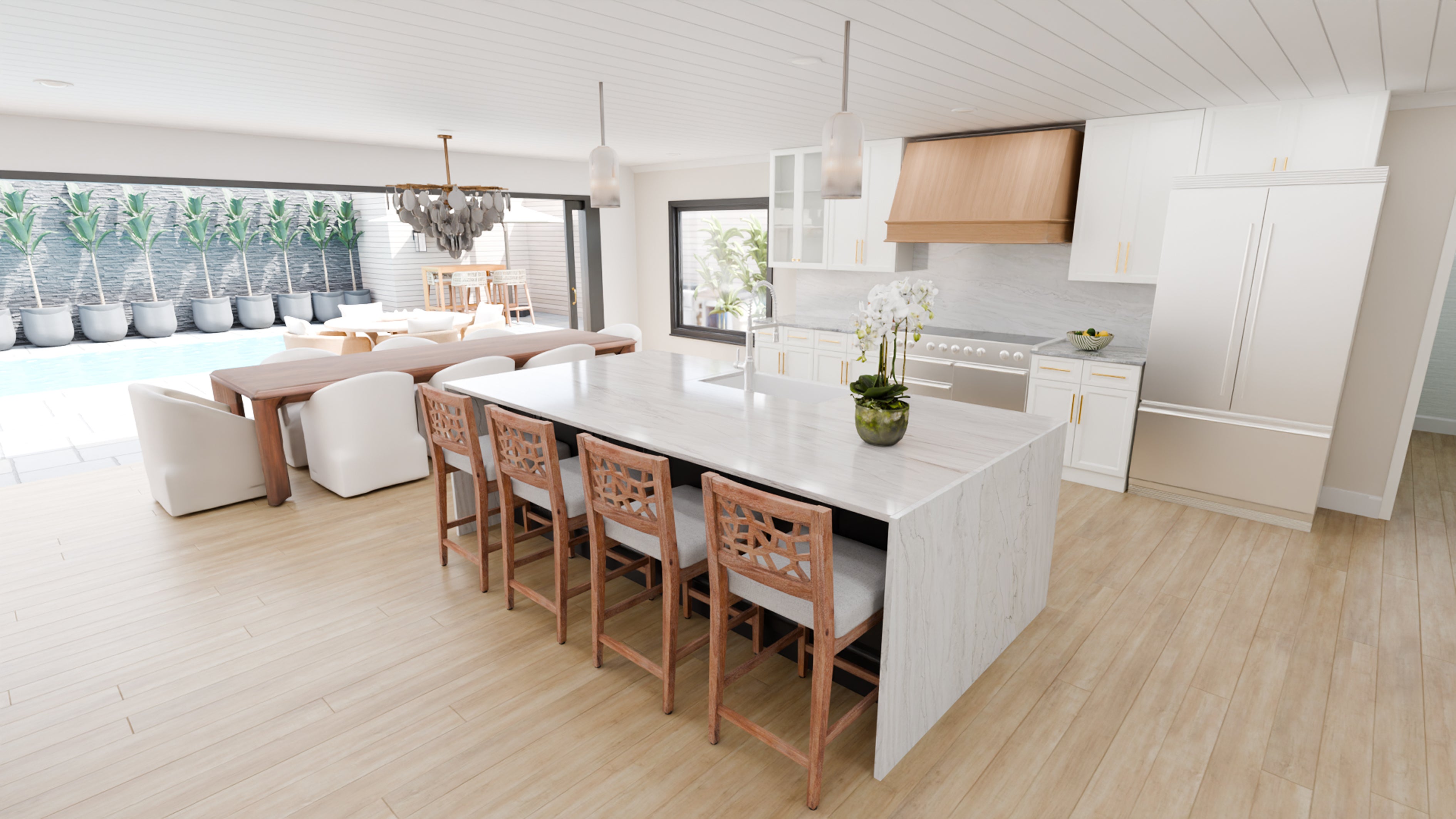 Anna Gray Designs reimagines coastal Florida living in this design generated using Houzz Pro, with a seamless indoor-outdoor layout, layered neutrals, warm wood tones and spaces designed for relaxed entertaining (Anna Gray Designs/Houzz Pro/PA)