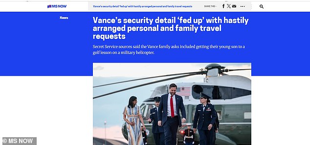 As part of the coverage, MS Now described Vance's planned travel, including flying with his son on a Marine Corps helicopter for a golf lesson