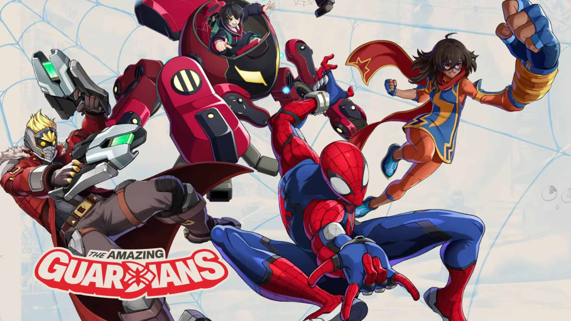 Marvel Tōkon: Fighting Souls - Official artwork showcasing the Amazing Guardians team, with Spider-Man, Star-Lord, Ms Marvel, and Peni Parker.