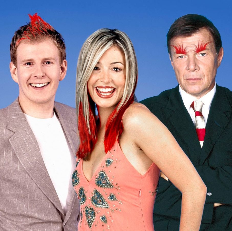 L-R: Kevin Adams, Carrie Grant, Patrick Kielty, Cat Deeley, Richard Park and Jeremy Milnes during Fame Academy in 2003